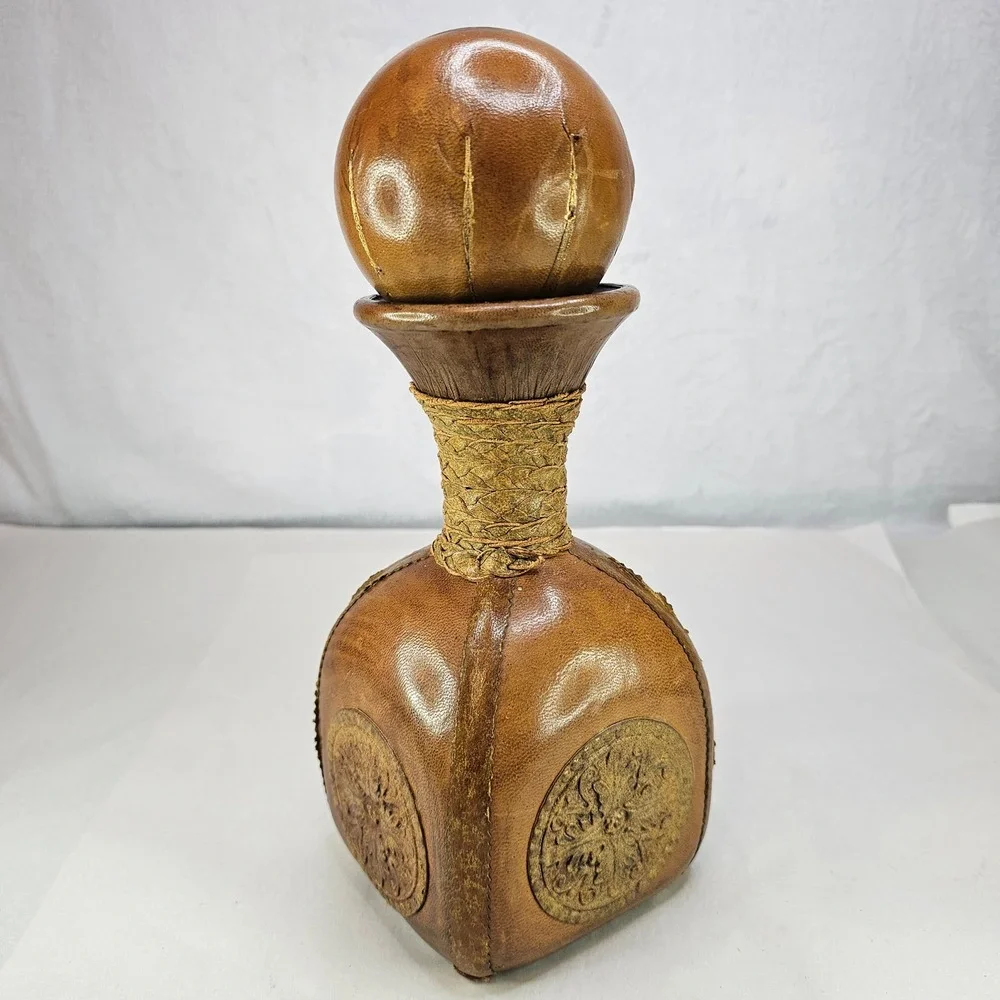 Vintage Brown Leather Decanter Bottle w/ Ball Stopper Rustic Neck Made in Italy